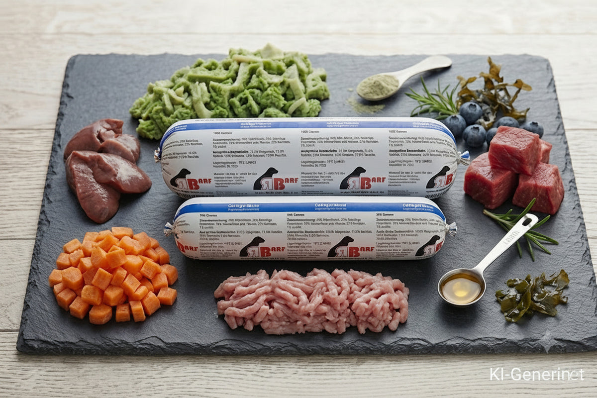 "Stimmungsvolles Produktbild des 'Hausmarke Geflügelmenü' Hundefutters von BARF-Zentrale. Zwei gestapelte BARF-Rollen (1000g und 500g) liegen auf einer dunklen Schieferplatte. Sie sind umgeben von frischem Geflügelfleisch, gewürfelten Karotten, Muskelfleisch und einem Löffel Lachsöl."