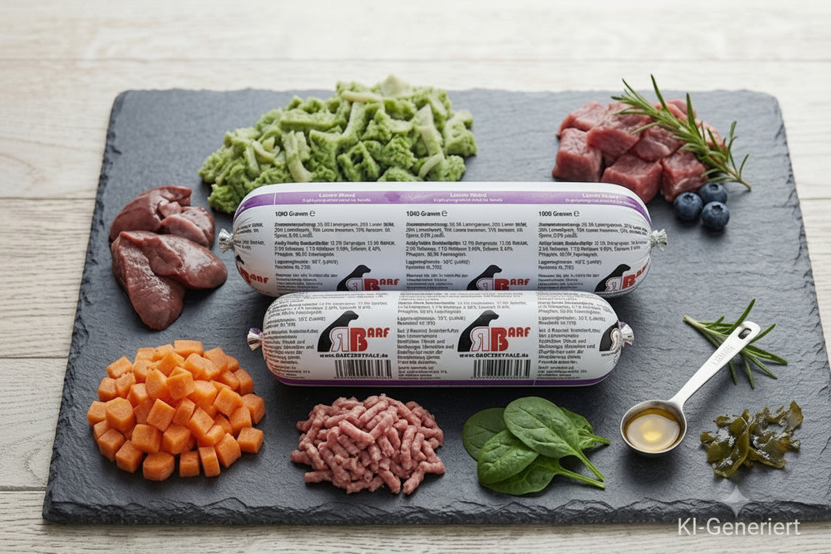 "Professionelles Produktbild des 'Hausmarke Lamm Menü' Hundefutters von BARF-Zentrale. Zwei gestapelte BARF-Rollen (1000g und 500g) liegen auf einer dunklen Schieferplatte. Sie sind umgeben von frischem Lammfleisch, gewürfelten Karotten, Muskelfleisch und einem Löffel Lachsöl."