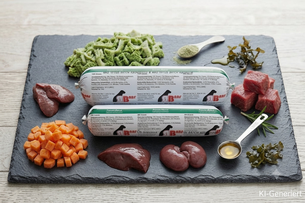 Professionelles Produktbild des 'Hausmarke Pansen Menü' Hundefutters von BARF-Zentrale. Zwei gestapelte BARF-Rollen (1000g und 500g) liegen auf einer dunklen Schieferplatte. Sie sind umgeben von frischem grünem Pansen, gewürfelten Karotten, rohem Muskelfleisch und einem Löffel Lachsöl."