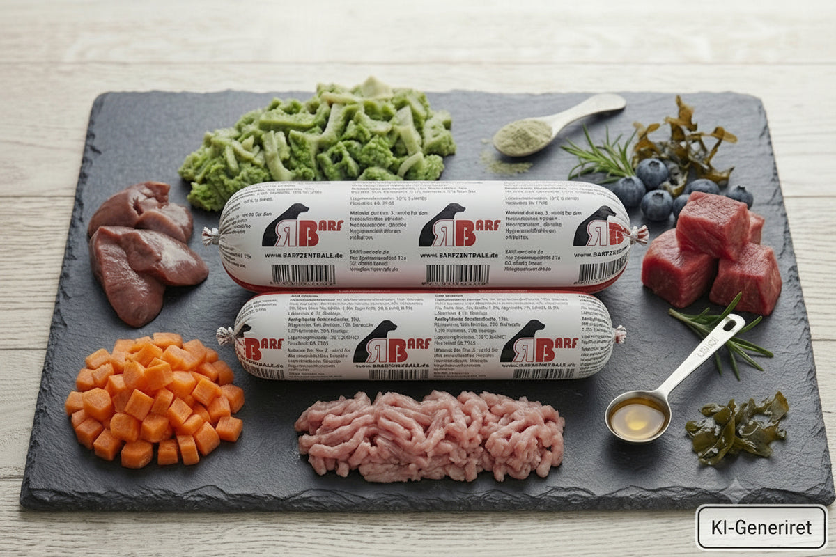 Stimmungsvolles Produktfoto des 'Hausmarke Rindmenü' Hundefutters von BARF-Zentrale. Zwei gestapelte BARF-Rollen (1000g und 500g) liegen auf einer dunklen Schieferplatte, umgeben von frischen, gewürfelten Karotten, rohem Muskelfleisch, grünem Pansen und einem Löffel Lachsöl."