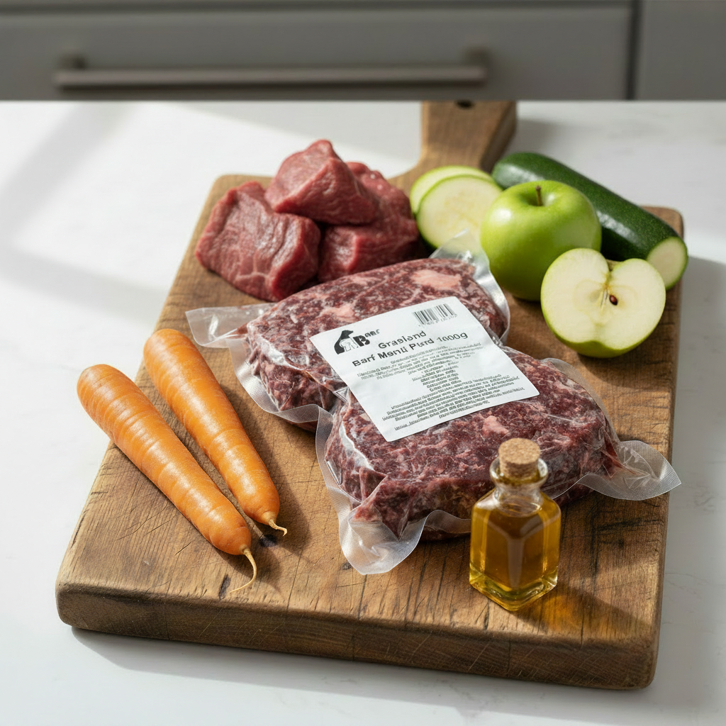 GRASLAND BARF-Menü Pferd für Hunde mit frischem Pferdefleisch, Gemüse und Leinöl – hochwertiges Monoprotein-BARF für sensible Hunde.
