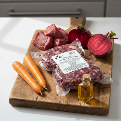 GRASLAND BARF-Menü Pute für Hunde mit frischem Putenfleisch, Gemüse und Leinöl – hochwertiges Monoprotein-BARF für die artgerechte Rohfütterung.