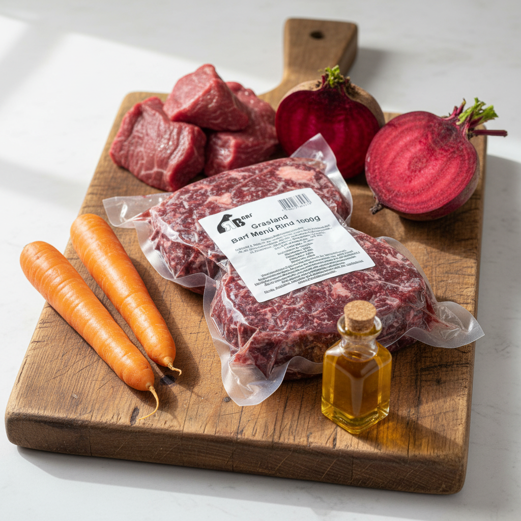 GRASLAND BARF-Menü Rind für Hunde aus regionalem Rindfleisch mit Gemüse und Leinöl – hochwertiges BARF-Komplettmenü für die Rohfütterung.